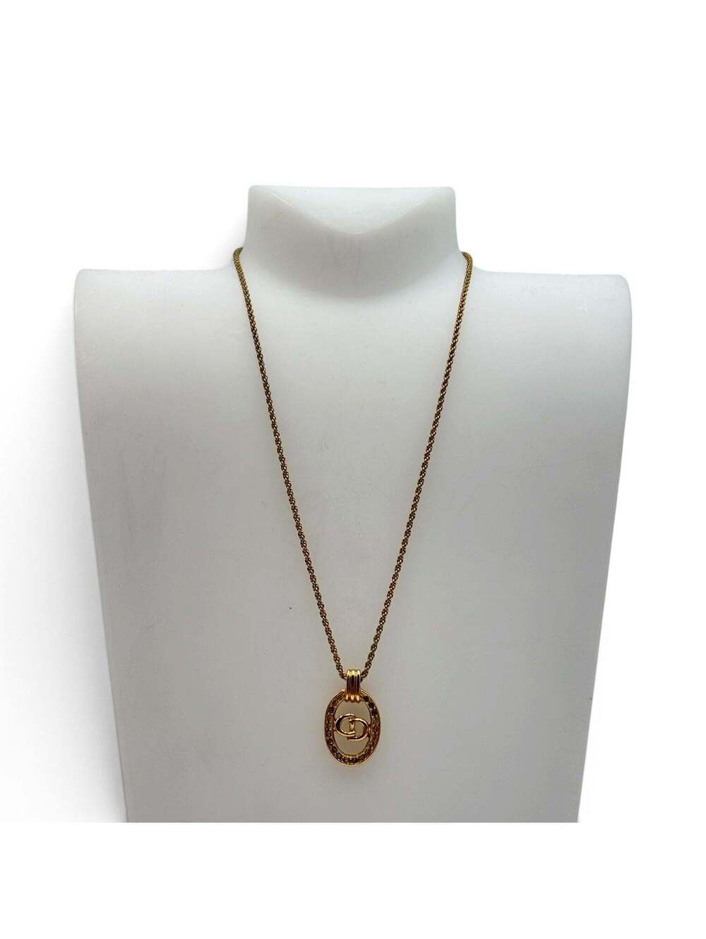 Christian Dior Gold CD Logo Oval Rhinestone Pendant Necklace
